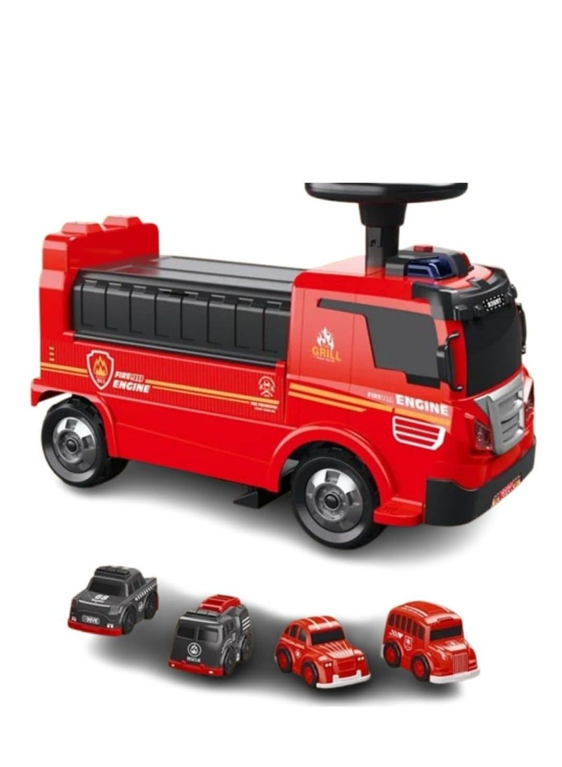 UKR 2-in-1 Ride-On Fire Truck Playset – Red | Toddler Push Car with Steering Wheel, Interactive Sounds, Crane & 4 Toy Cars | Fire Engine & Traffic Playset for Kids - Image 4